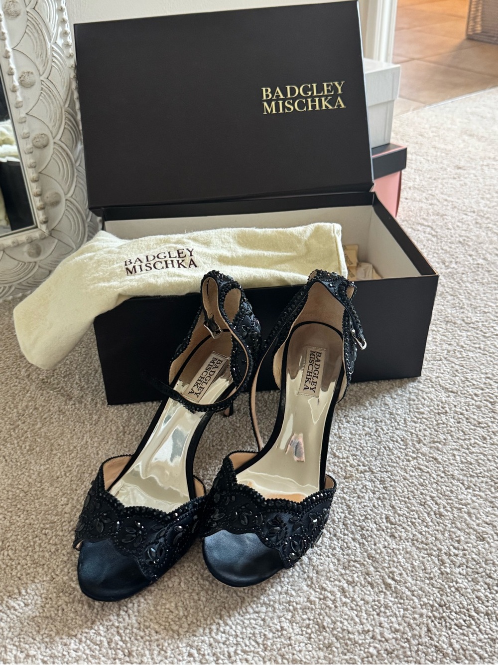 Badgley Mischka Black Beaded Ankle-Strap Open-Toe Heels